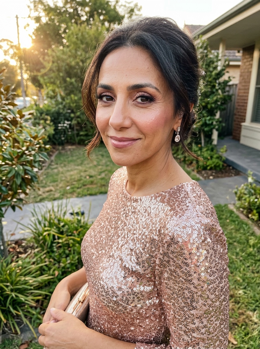Prom Glam on a woman in her late 30s with tan skin and brown eyes