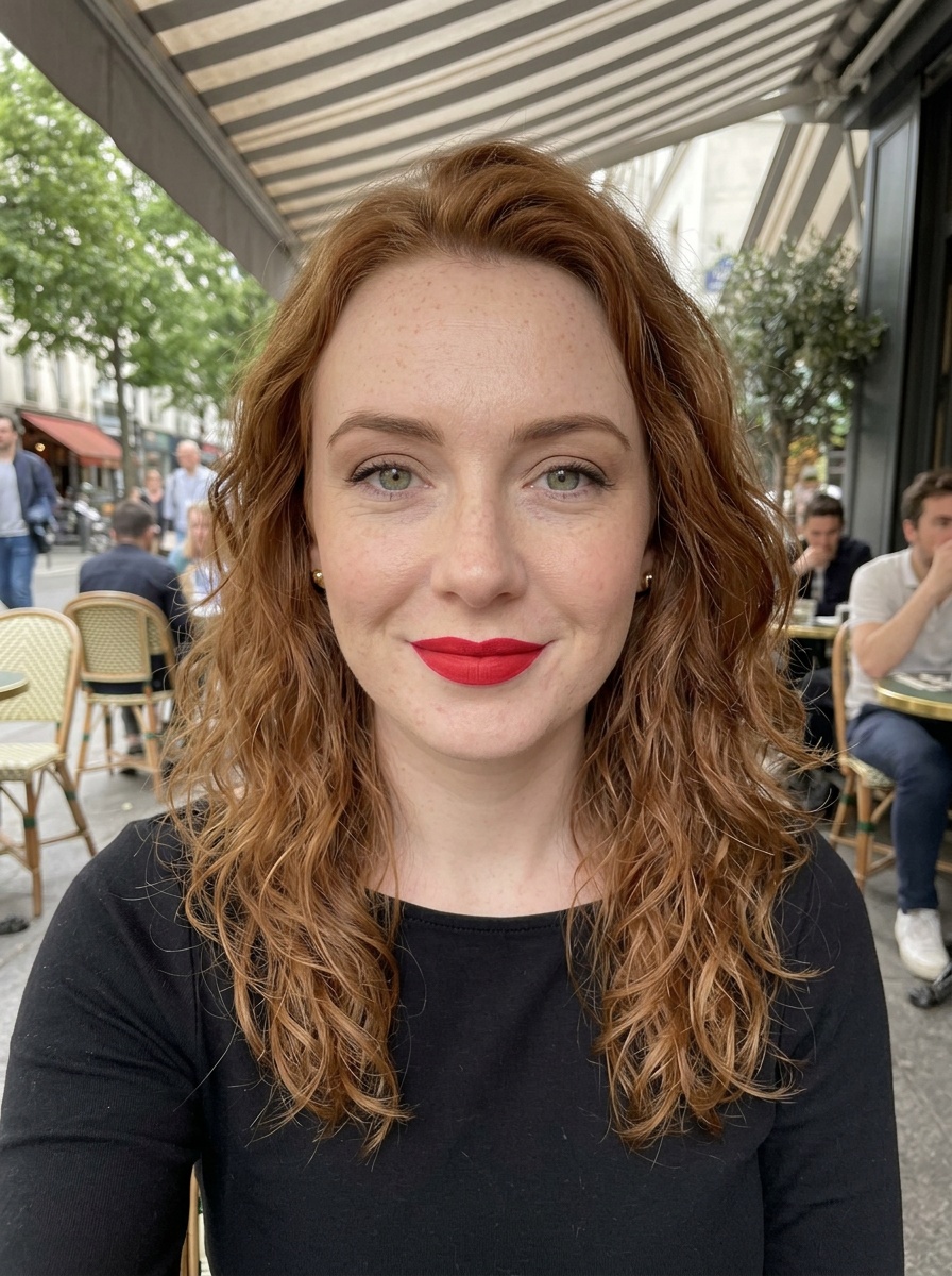 Classic Red Lip on a woman in her late 20s with fair skin, red hair and hooded green eyes