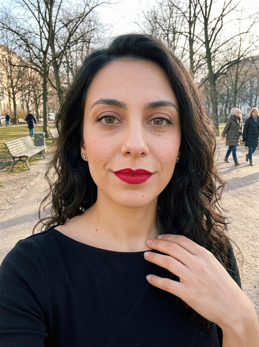 Classic Red Lip on a woman in her late 20s with olive skin and almond-shaped hazel eyes