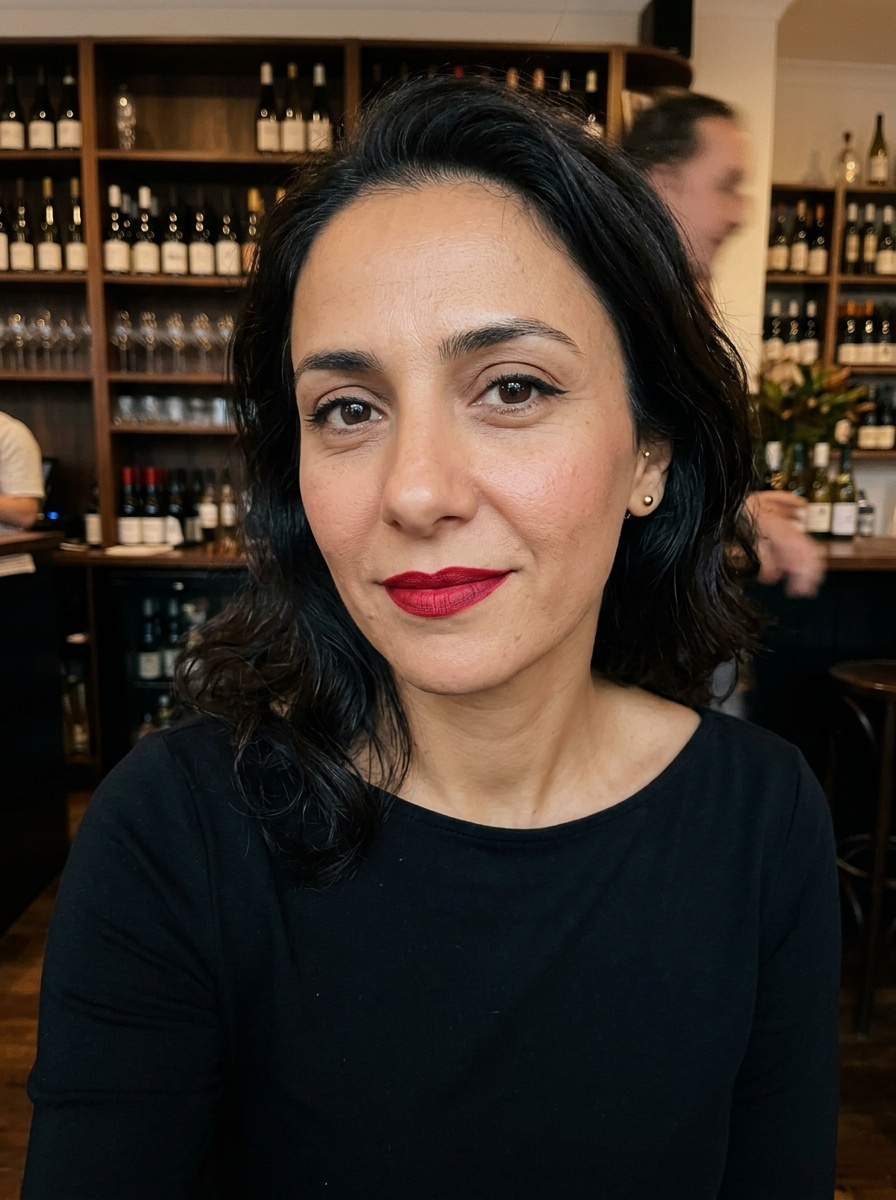 Classic Red Lip on a woman in her late 30s with tan skin and brown eyes