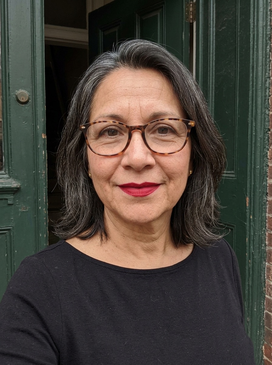 Classic Red Lip on a woman in her late 50s with medium skin, fine lines and glasses