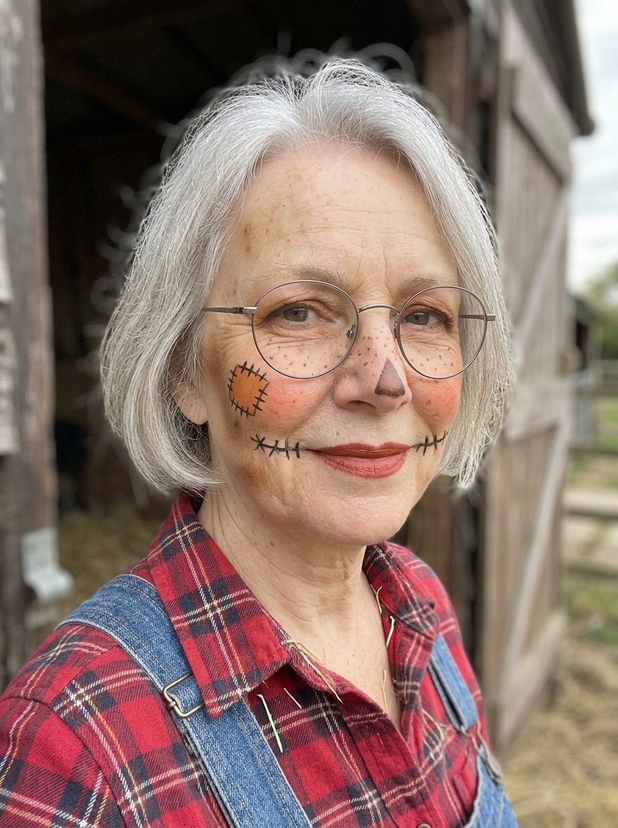 Scarecrow Makeup on a woman in her 60s with light skin, fine lines and glasses