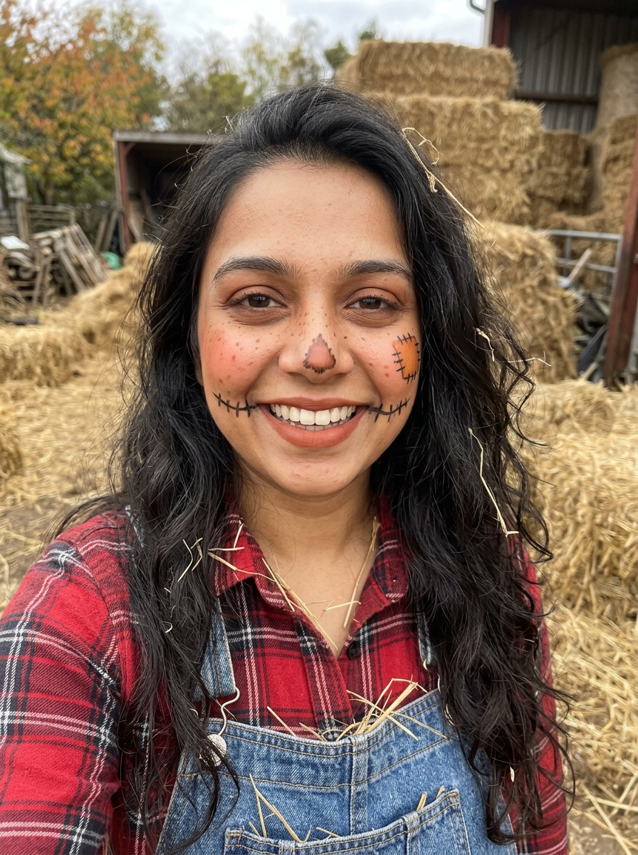Scarecrow Makeup on a woman in her late 20s with medium skin, brown eyes and a round face