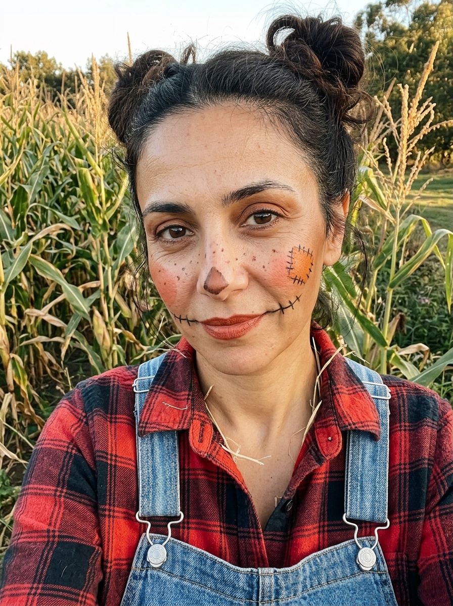 Scarecrow Makeup on a woman in her late 30s with tan skin and brown eyes