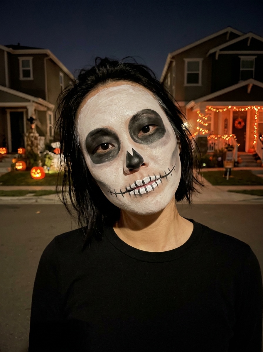Skeleton Makeup on a woman in her early 30s with light skin and monolid eyes