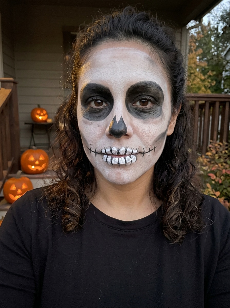 Skeleton Makeup on a woman in her early 30s with tan skin and brown eyes