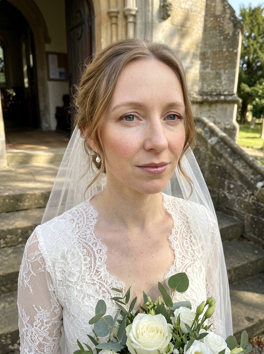 Soft Bridal Glam on a woman in her early 30s with fair skin and hooded blue eyes