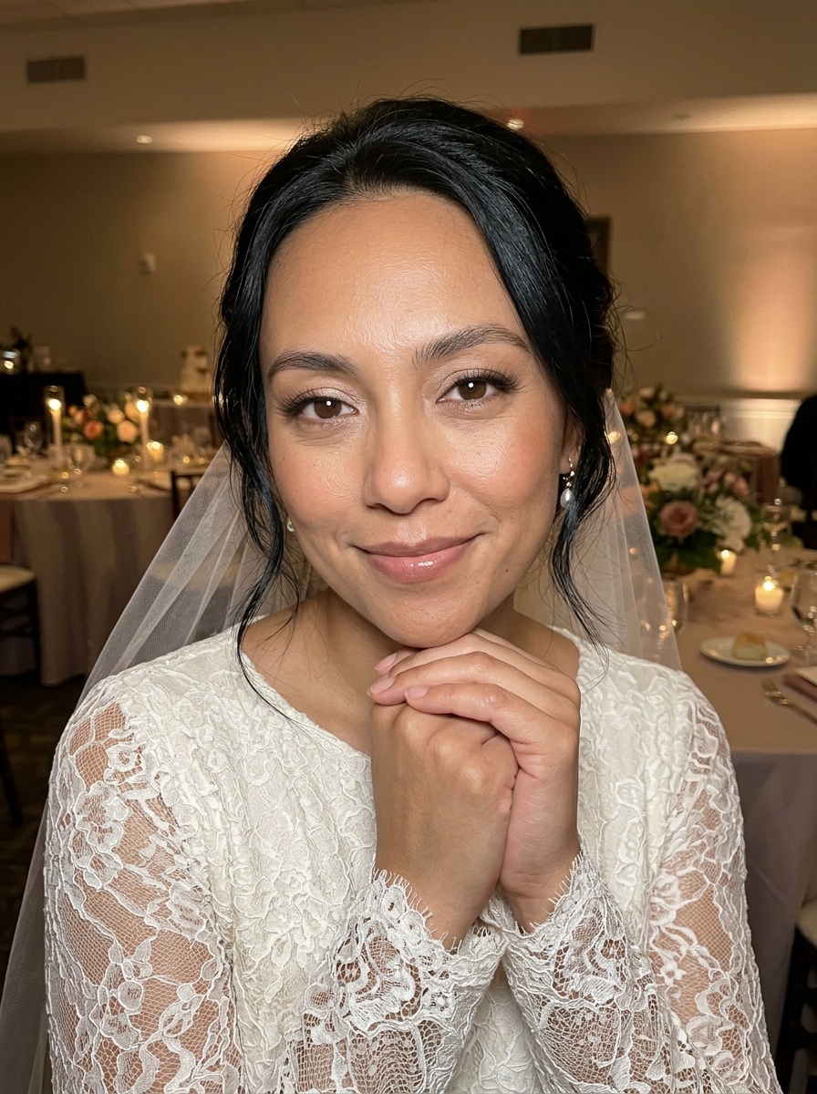 Soft Bridal Glam on a woman in her early 30s with tan skin and downturned brown eyes