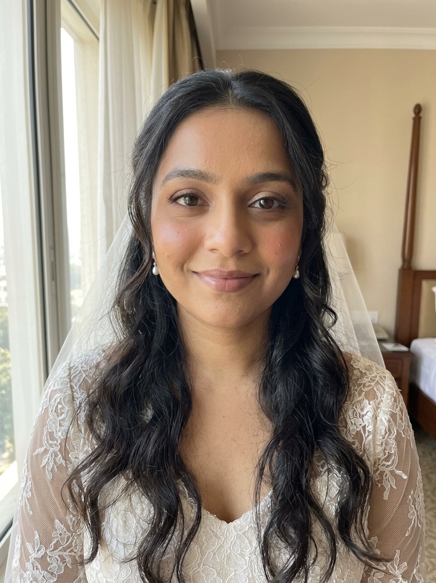Soft Bridal Glam on a woman in her late 20s with medium skin, brown eyes and a round face