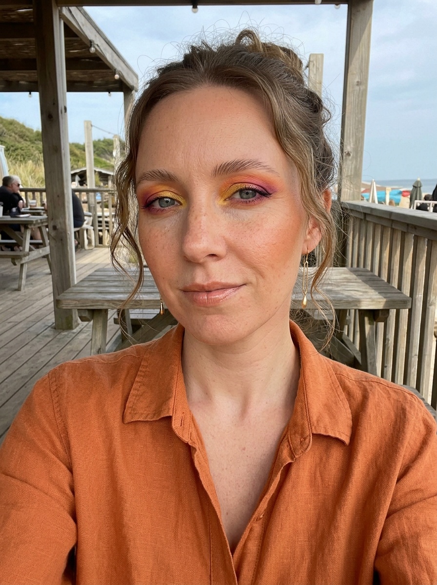 Sunset Eye Makeup on a woman in her early 30s with fair skin and hooded blue eyes