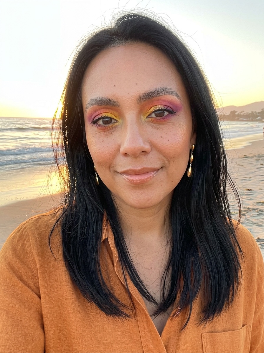 Sunset Eye Makeup on a woman in her early 30s with tan skin and downturned brown eyes