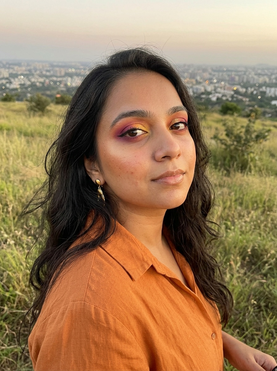 Sunset Eye Makeup on a woman in her late 20s with medium skin, brown eyes and a round face