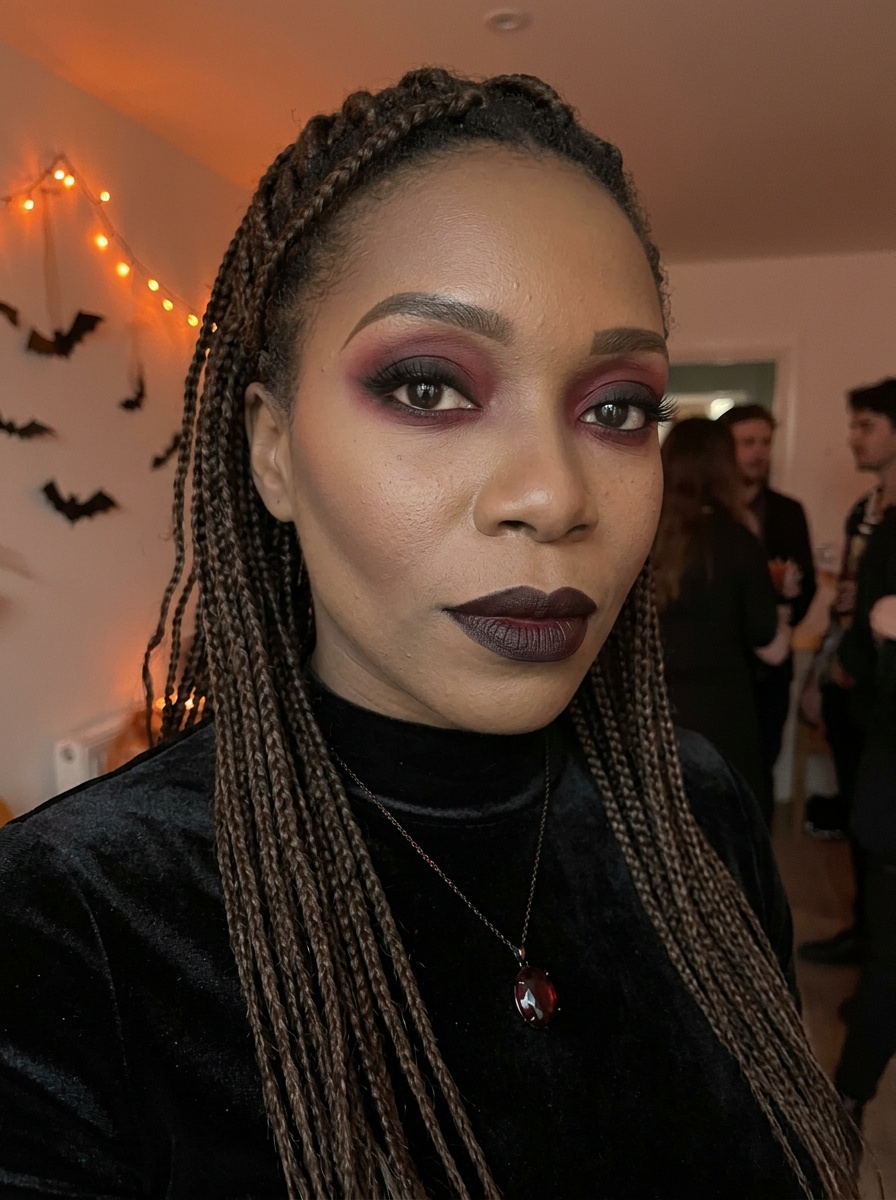 Vampire Makeup on a woman in her early 30s with deep skin and brown eyes