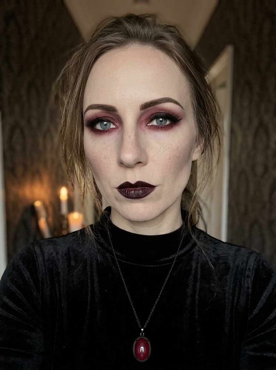 Vampire Makeup on a woman in her early 30s with fair skin and hooded blue eyes