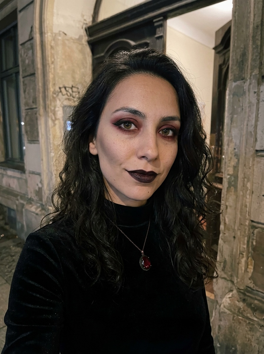Vampire Makeup on a woman in her late 20s with olive skin and almond-shaped hazel eyes