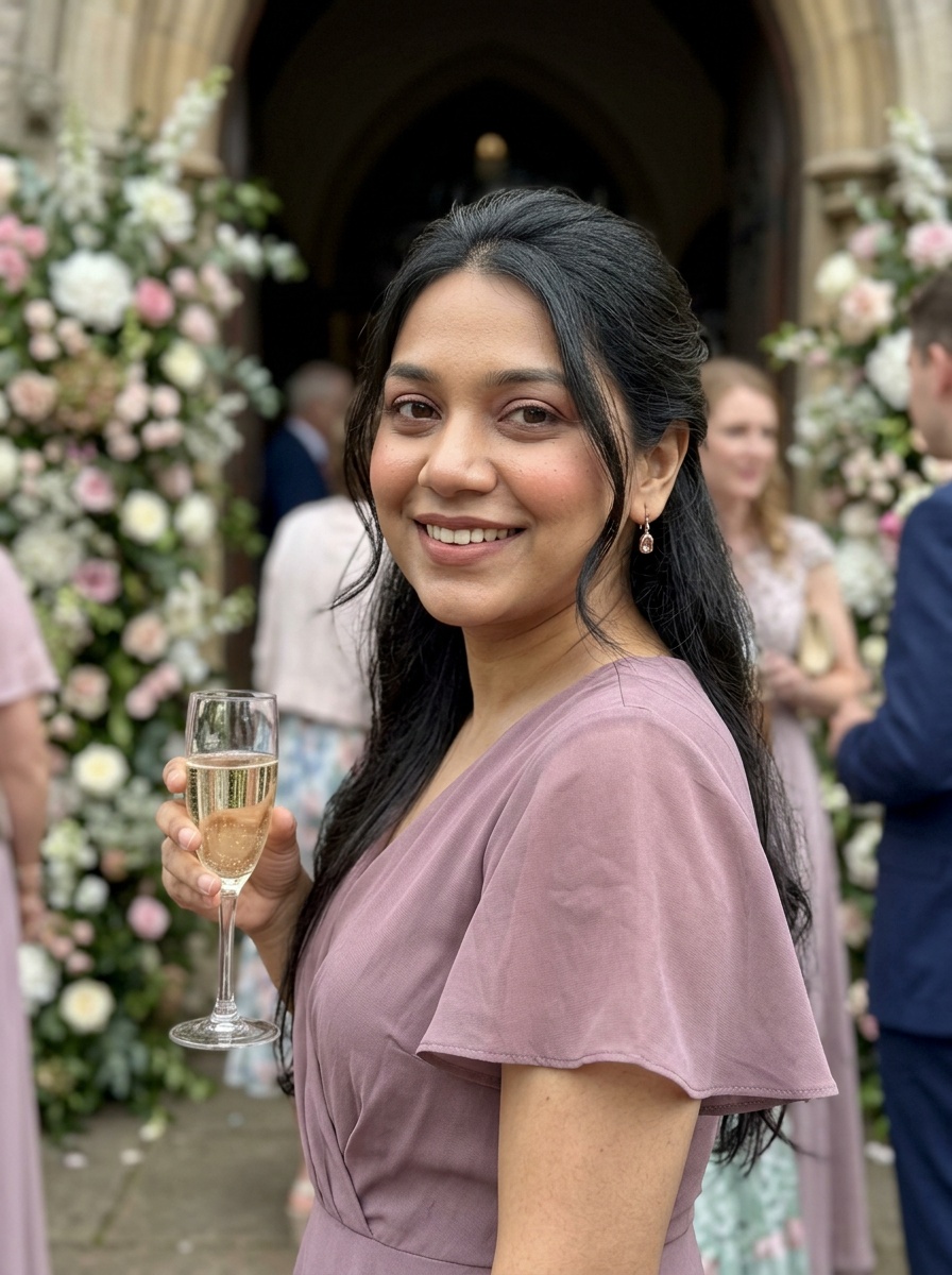 Wedding Guest Makeup on a woman in her early 20s with medium skin, brown eyes and a round face