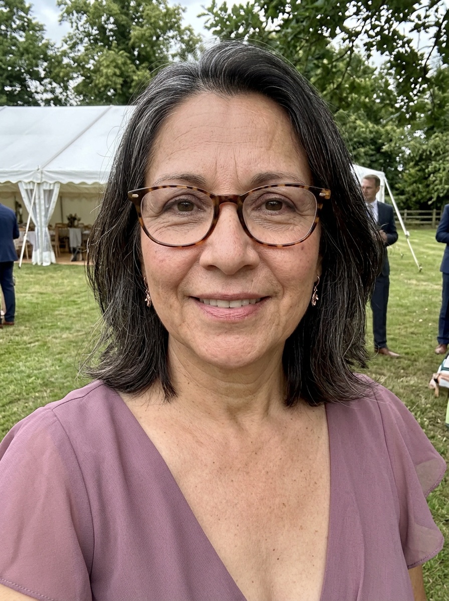 Wedding Guest Makeup on a woman in her late 50s with medium skin, fine lines and glasses