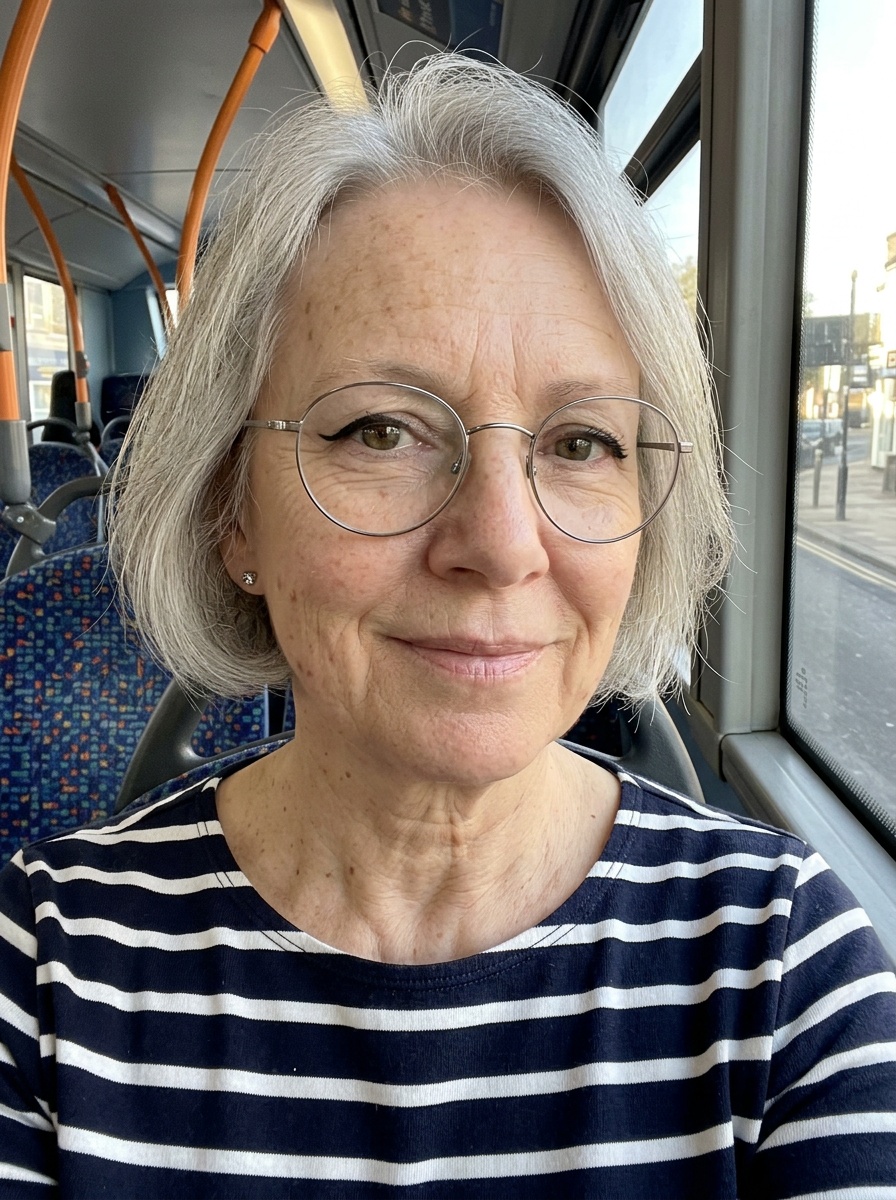 Winged Eyeliner on a woman in her 60s with light skin, fine lines and glasses