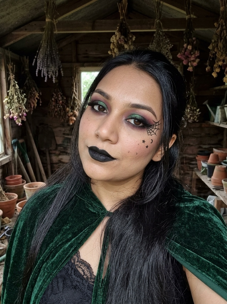 Witch Makeup on a woman in her early 20s with medium skin, brown eyes and a round face