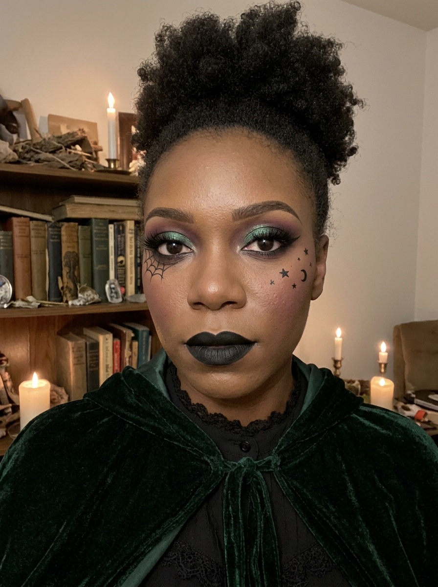 Witch Makeup on a woman in her mid 20s with deep skin and brown eyes