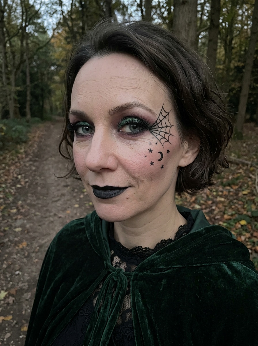 Witch Makeup on a woman in her mid 40s with light skin and deep-set blue-grey eyes