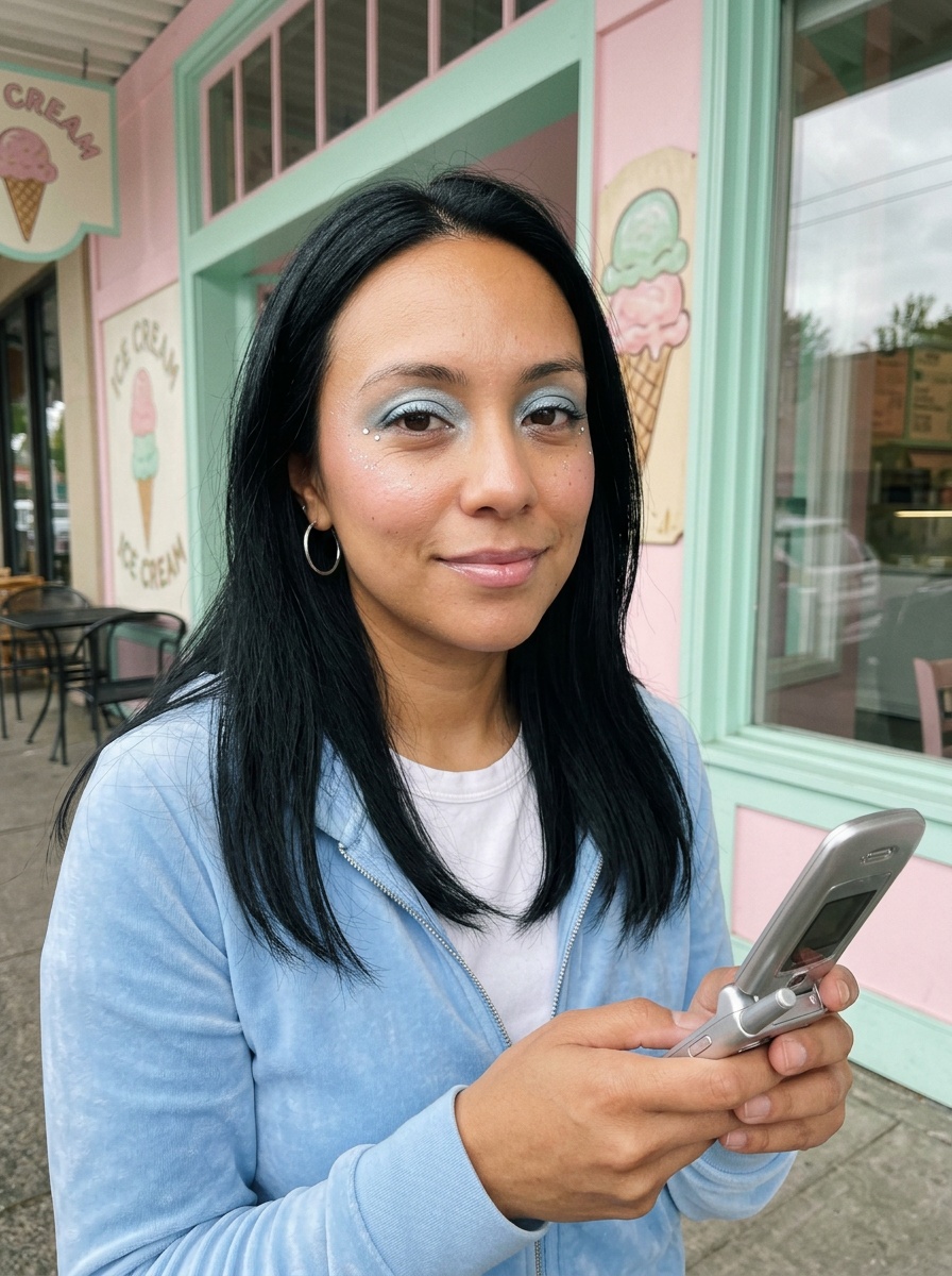 Y2K Makeup on a woman in her early 30s with tan skin and downturned brown eyes