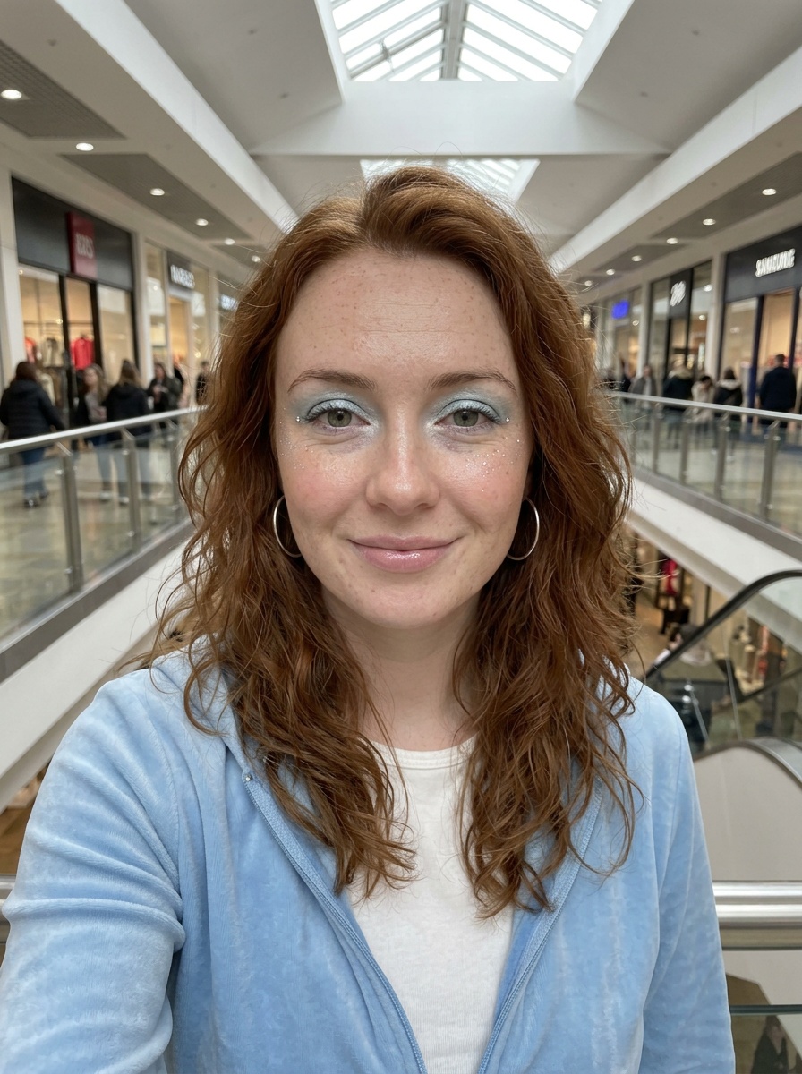 Y2K Makeup on a woman in her late 20s with fair skin, red hair and hooded green eyes